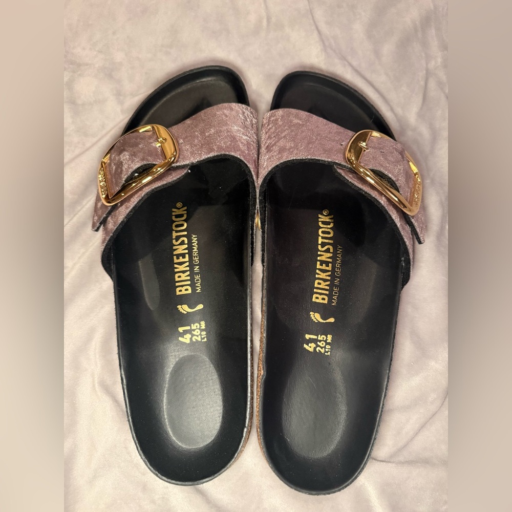 Birkenstock New w/o Box Madrid Big Buckle Rivet Logo Taupe Grey Velvet Exquisite - Picture 5 of 10